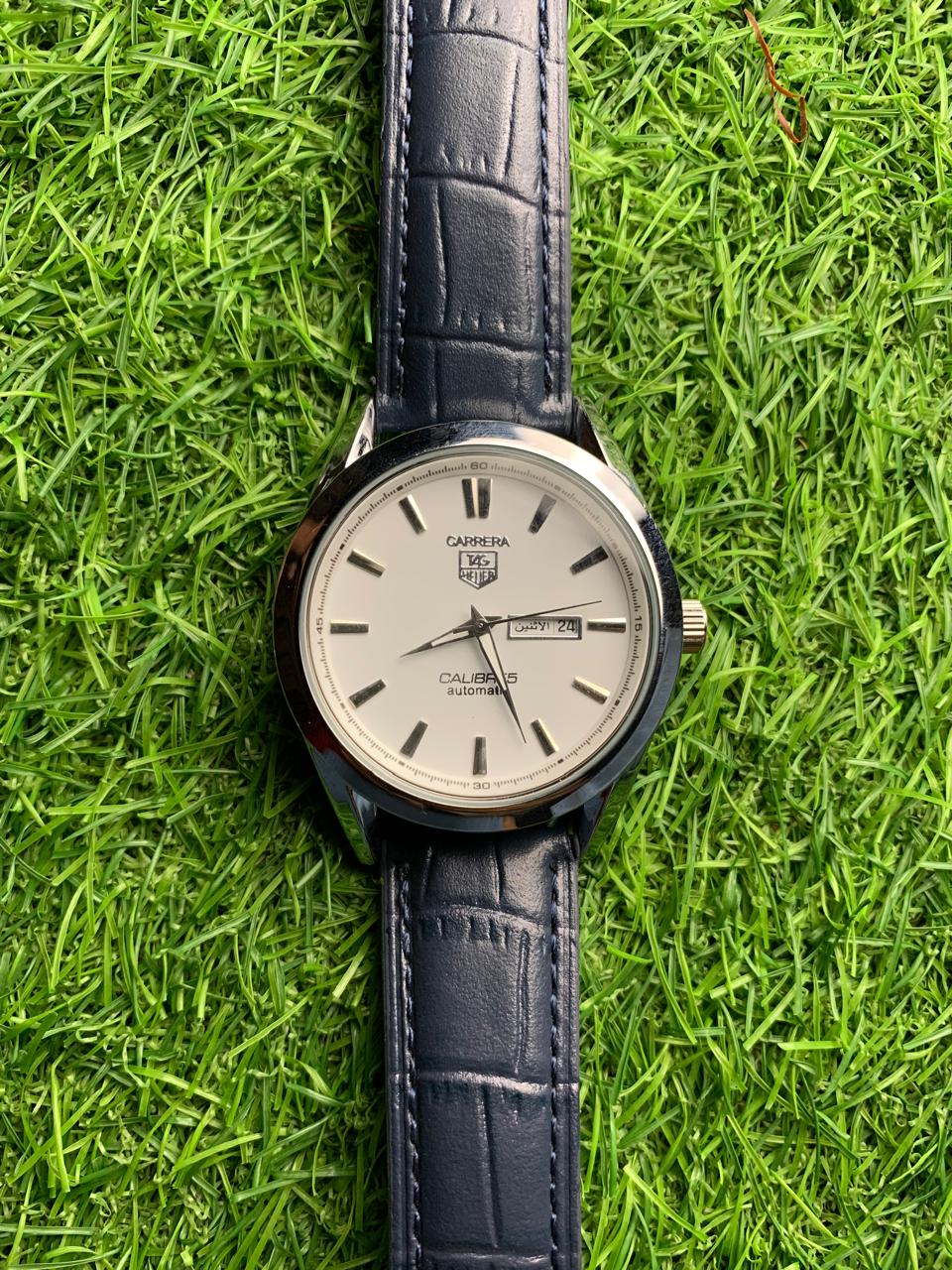Classic Carrera Style Automatic Day-Date Watch with Leather Strap