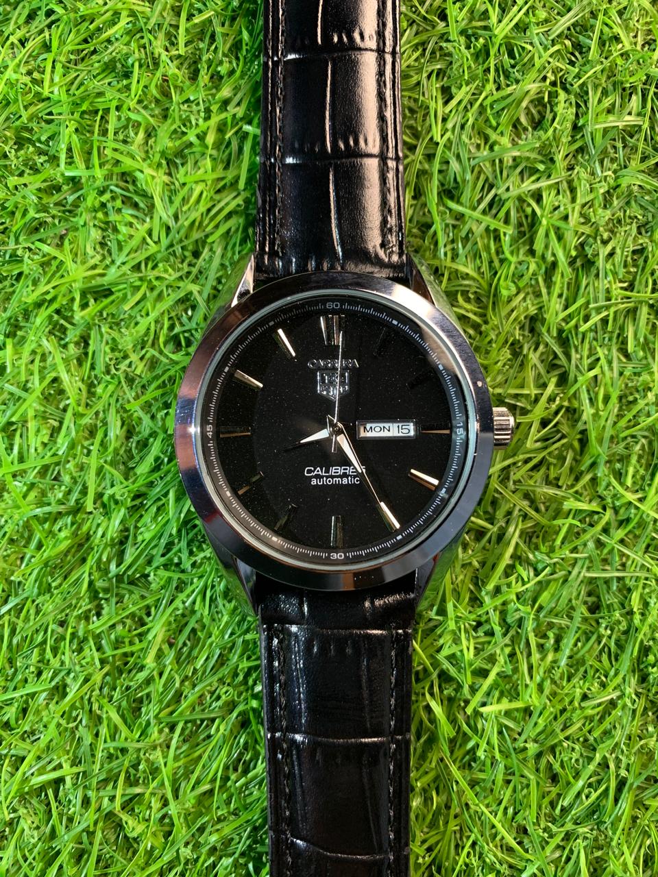 Classic Carrera Style Automatic Day-Date Watch with Leather Strap
